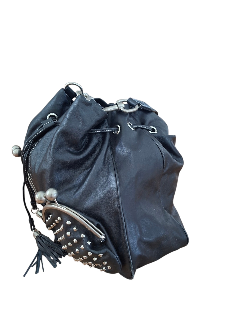Vtg Betsey Johnson Black Leather Studded Kiss Lock Hobo Bucket Bag Y2K Rare - Picture 6 of 16